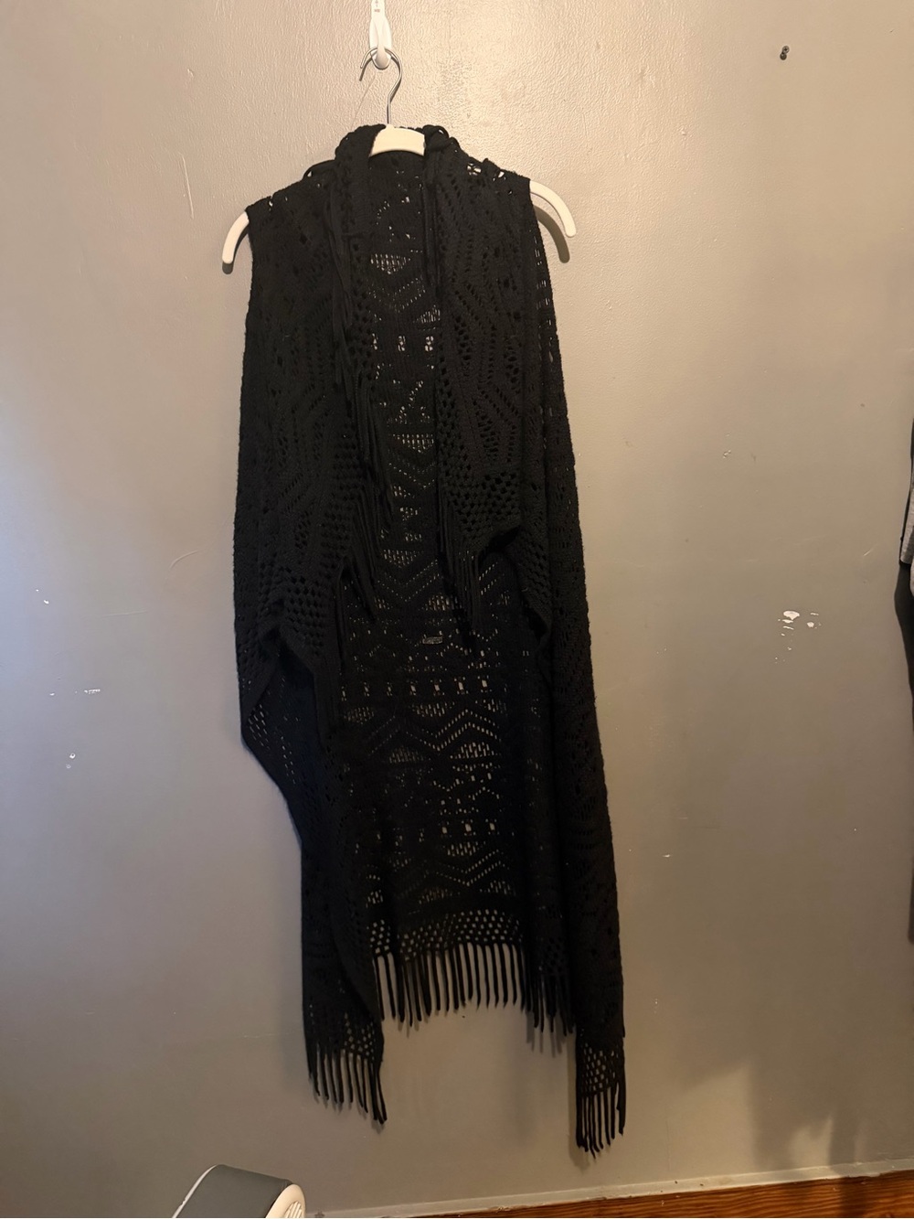 Massini Black Crochet Fringe Open-Front Cardigan